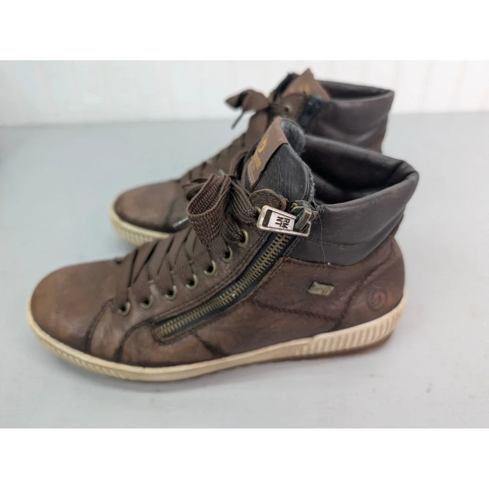 Remonte Brown Leather High‎ Top Sneakers Sz 38 Side Zip Fleece Lined 8909200845